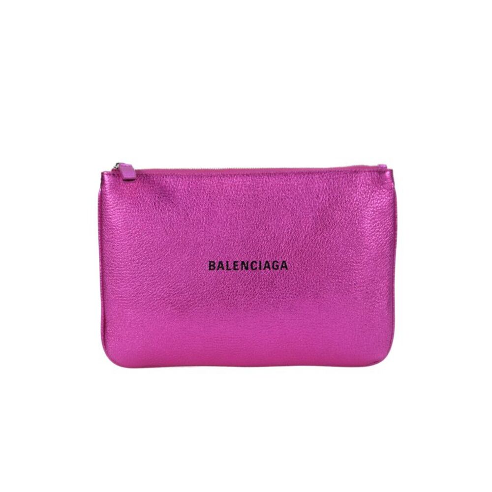 Balenciaga Womens Zip Top Logo Front Metallic Leather Pouch Wallet Rose Fuchsia